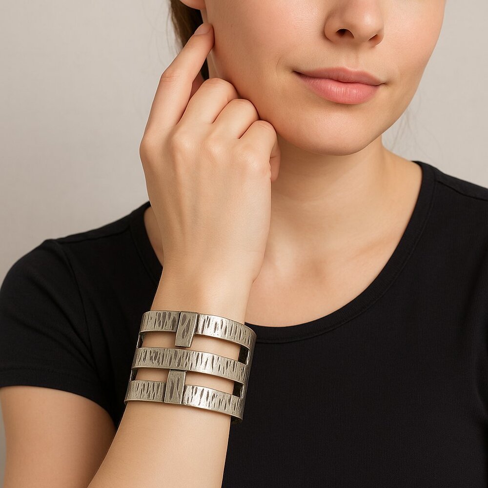 Rare Style Rustic Cuff Wide Hammered Silver-Tone Cut-Out‎ Cuff Bracelet